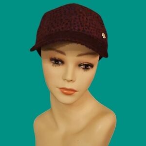 VINCE CAMUTO Oxblood Leopard Print Fuzzy Faux Fur Cap